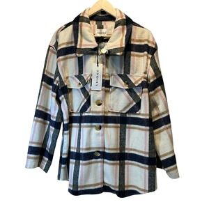 VIGOSS Plaid Shacket Oversized Button Down Shirt Jacket Women 1X Beige Pink Navy